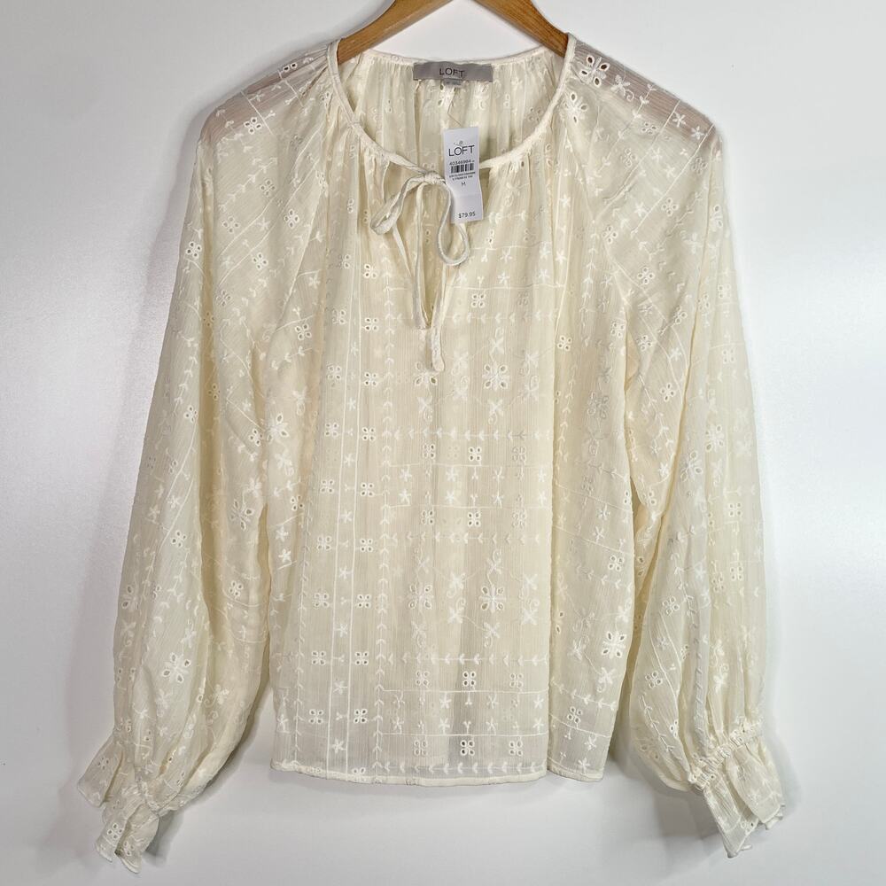 NEW! Ann Taylor LOFT Eyelet Ruffle Cuff Tie Neck Blouse Size Medium